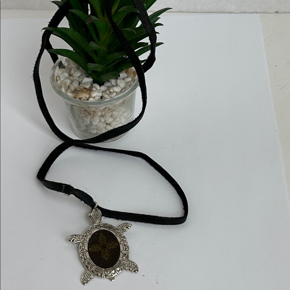Custom Silver Tone Sea Turtle Pendant with Authentic LV Monogram Canvas